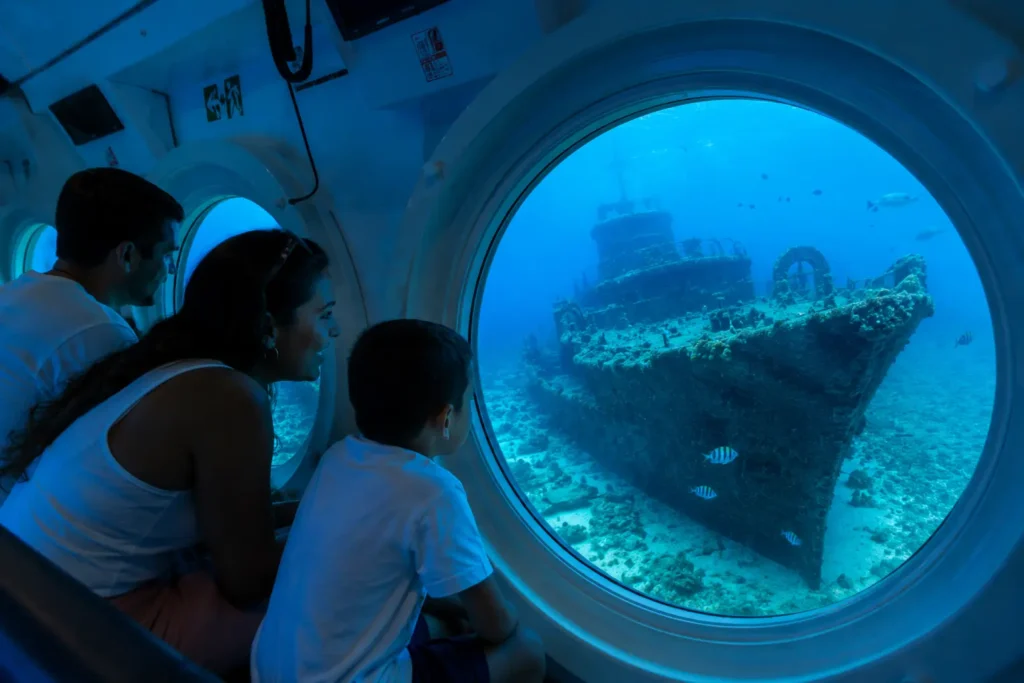 Passengers viewing the Cozumel shipwreck through the Atlantis Submarine, one of the most unique things to do in Cozumel.