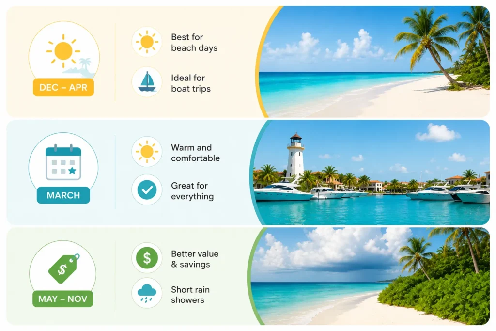 Minimal infographic showing the best time to visit Punta Cana, with December to April for ideal weather, March as the best overall month, and May to November for better value and fewer crowds.