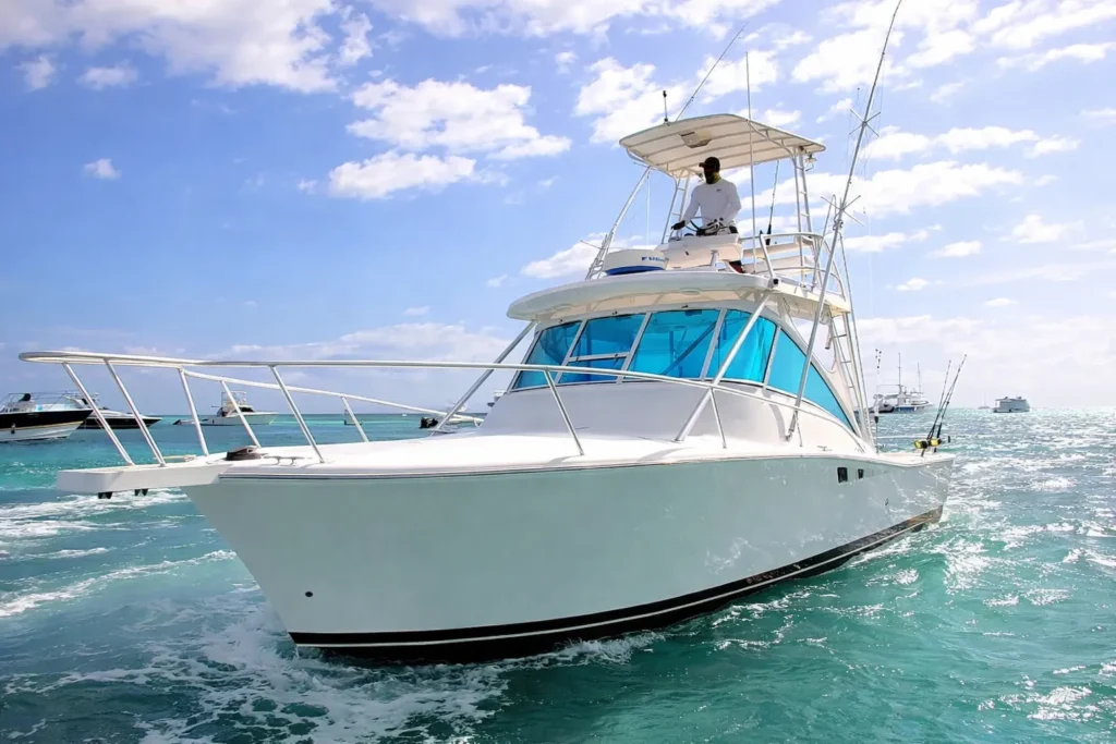 Luxury fishing boat cruising through turquoise waters near Cap Cana on a sunny day, ideal for deep sea fishing and private boat charters.