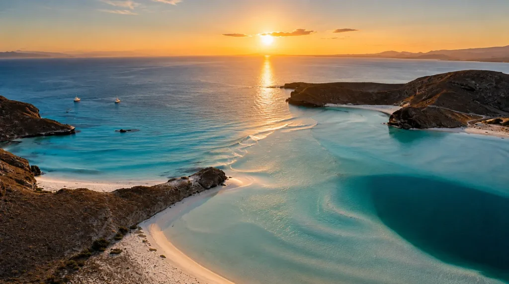 Aerial sunrise view of Balandra Beach in La Paz, Mexico, with turquoise sandbars, crystal-clear water, white sandy beaches, and rugged desert cliffs glowing in the morning light.