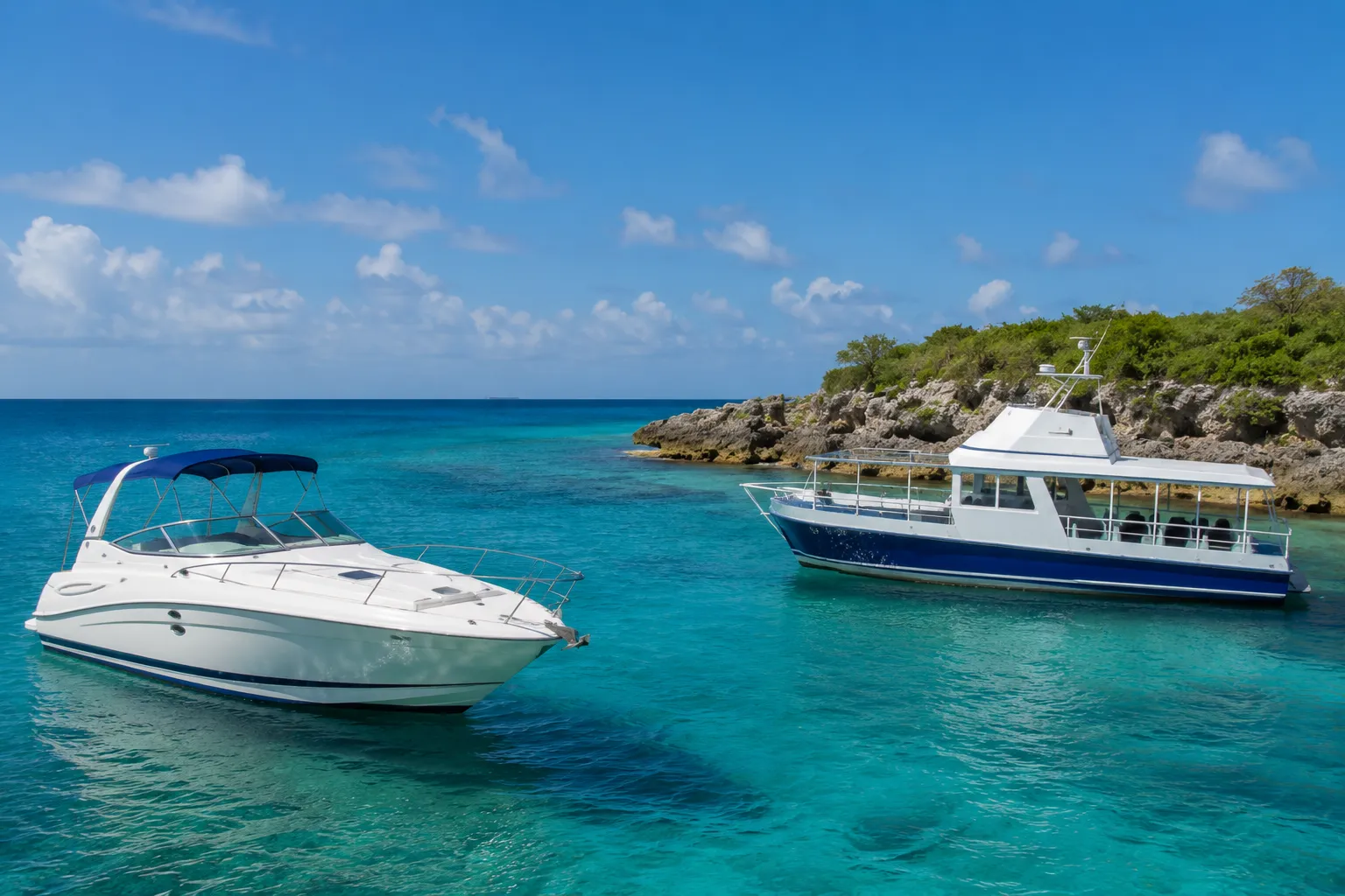 Rent a Boat in Cozumel vs Boat Tour comparison showing a private speedboat and a guided tour boat on crystal-clear Caribbean waters with a few passengers enjoying a scenic tropical coastline.