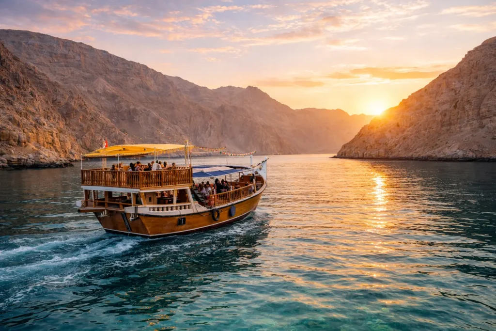 Traditional dhow cruise through the Musandam Fjords in Oman at sunset, surrounded by towering limestone cliffs and crystal-clear turquoise waters.