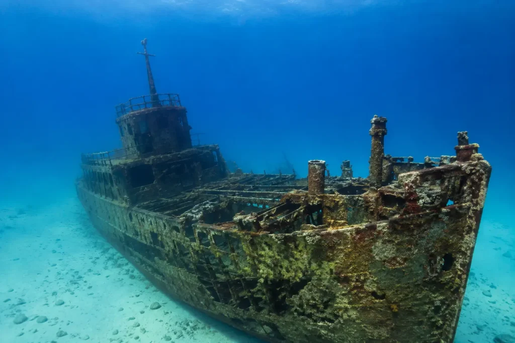 Underwater view of the Antilla Shipwreck in Aruba with rusted metal structures, marine growth, and schools of tropical fish swimming through the clear blue Caribbean Sea.