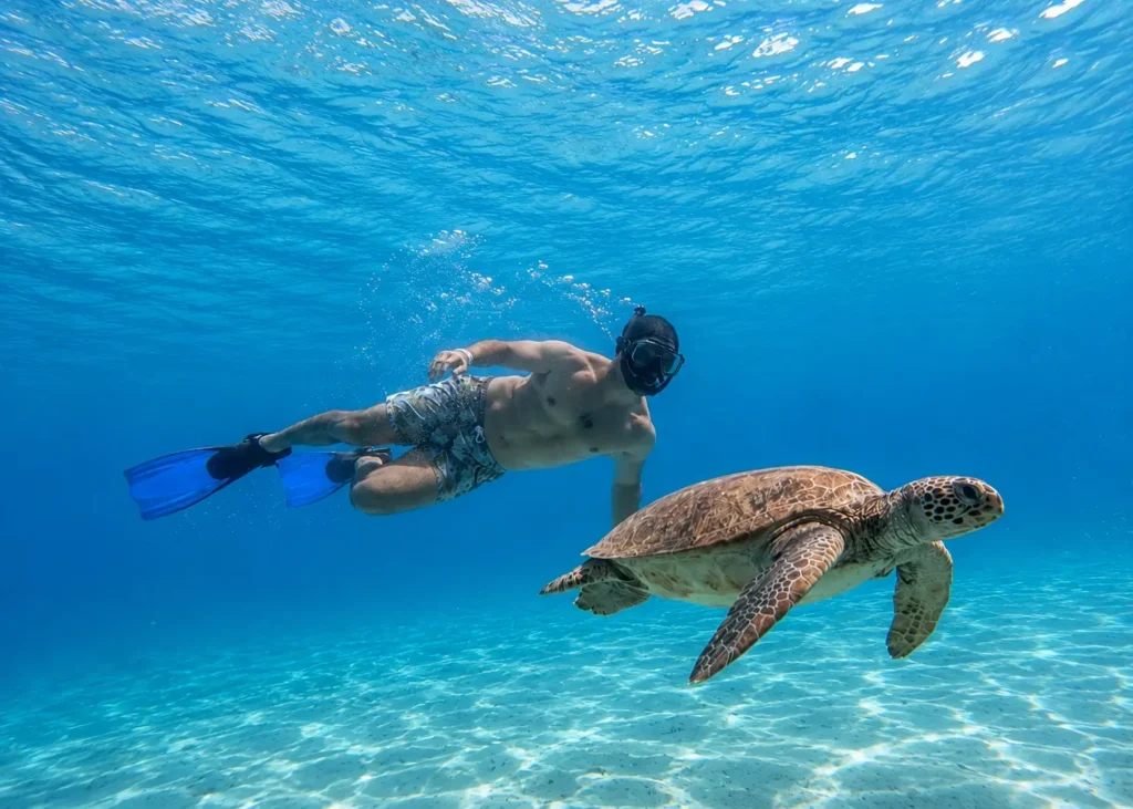 Snorkeler swimming alongside a sea turtle in the crystal-clear turquoise waters of La Paz, Mexico, showcasing one of the unique things to do in La Paz Mexico.