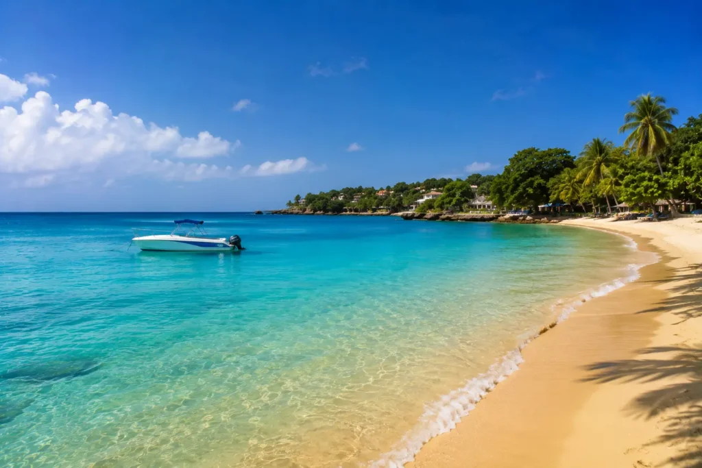 Tropical Sosua beach with anchored boat