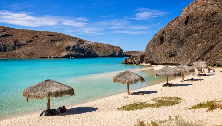 Unique Things to Do in La Paz Mexico featuring crystal-clear turquoise water, a pristine white sand beach, rugged desert cliffs, and scenic coastal views under a bright blue sky.