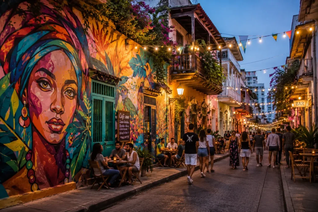 Vibrant evening in a lively street of Cartagena