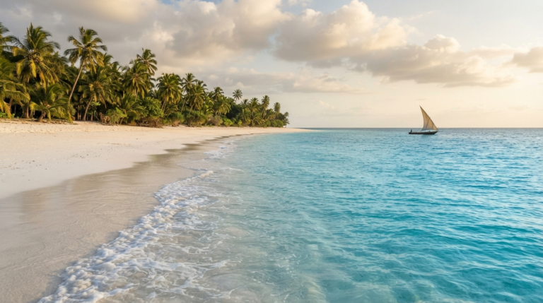 Things to do in Zanzibar featuring a pristine white sand beach, crystal-clear turquoise Indian Ocean, swaying palm trees, gentle waves, and a traditional dhow sailing at sunset along the tropical coastline.