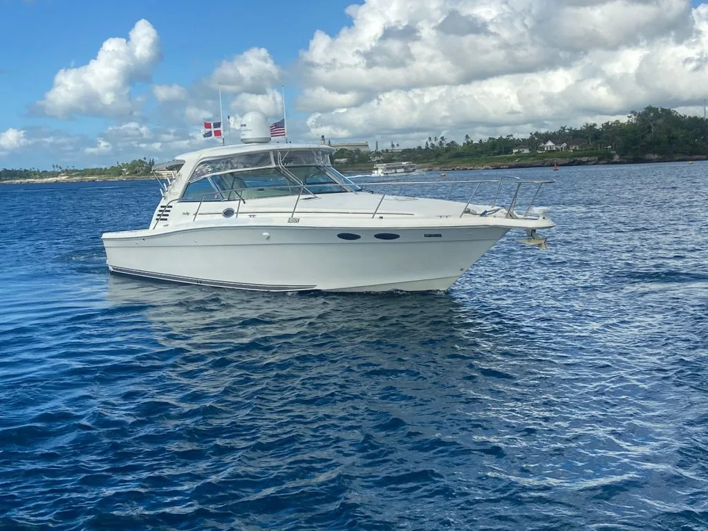 Private yacht cruising on the Caribbean Sea near Saona Island in the Dominican Republic.