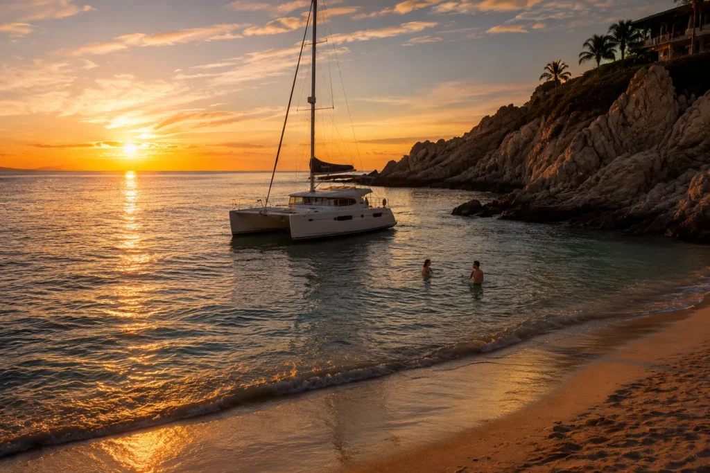 Palmilla Beach at sunset with calm turquoise water, two people swimming in a peaceful cove, and a white catamaran anchored near the sandy shore and rocky coastline in Cabo San Lucas.