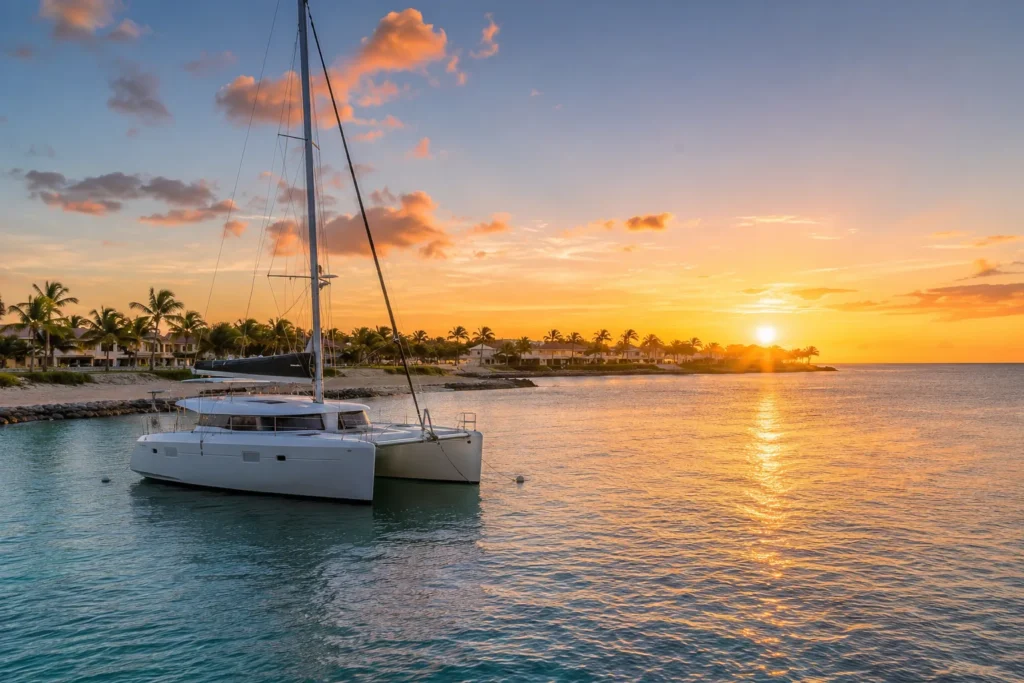 White catamaran anchored near the shore at sunset with palm trees, beach, and calm ocean water.