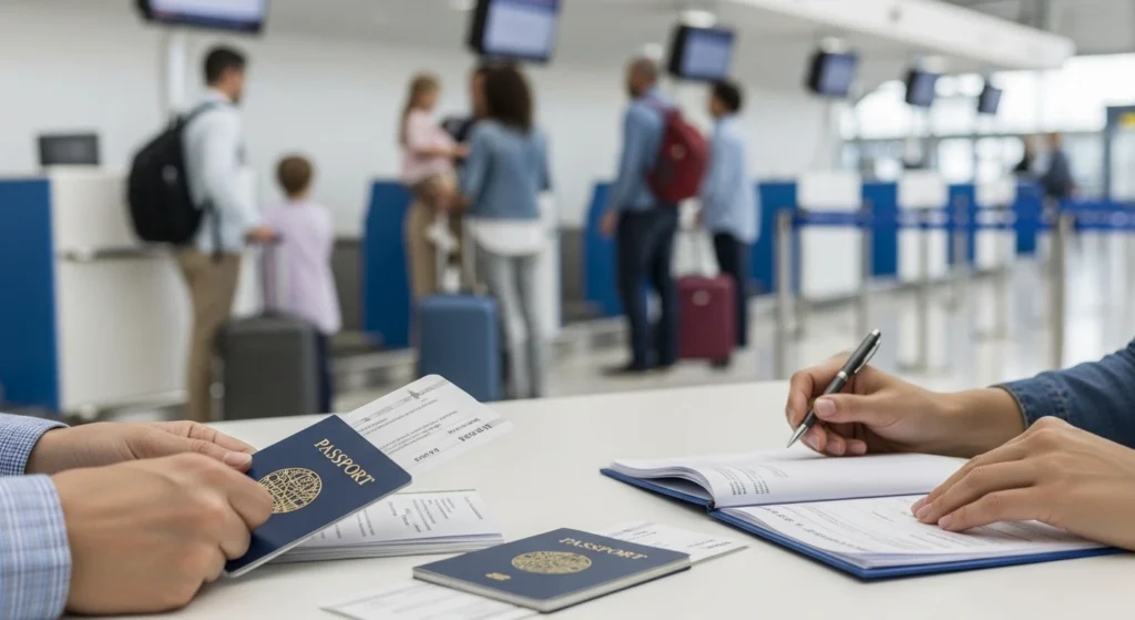 Cancun entry requirements for 2026 with travelers presenting passports and travel documents at an airport check-in counter.
