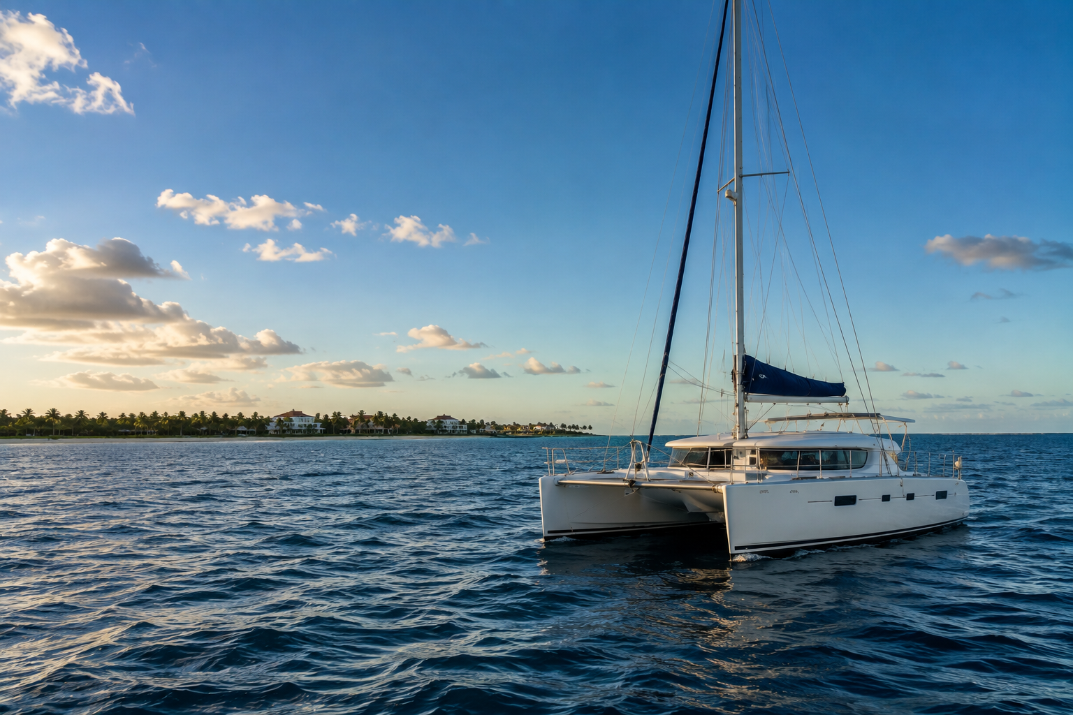 Cap Cana Weather in November with a white catamaran sailing across deep blue Caribbean waters under a clear blue sky.