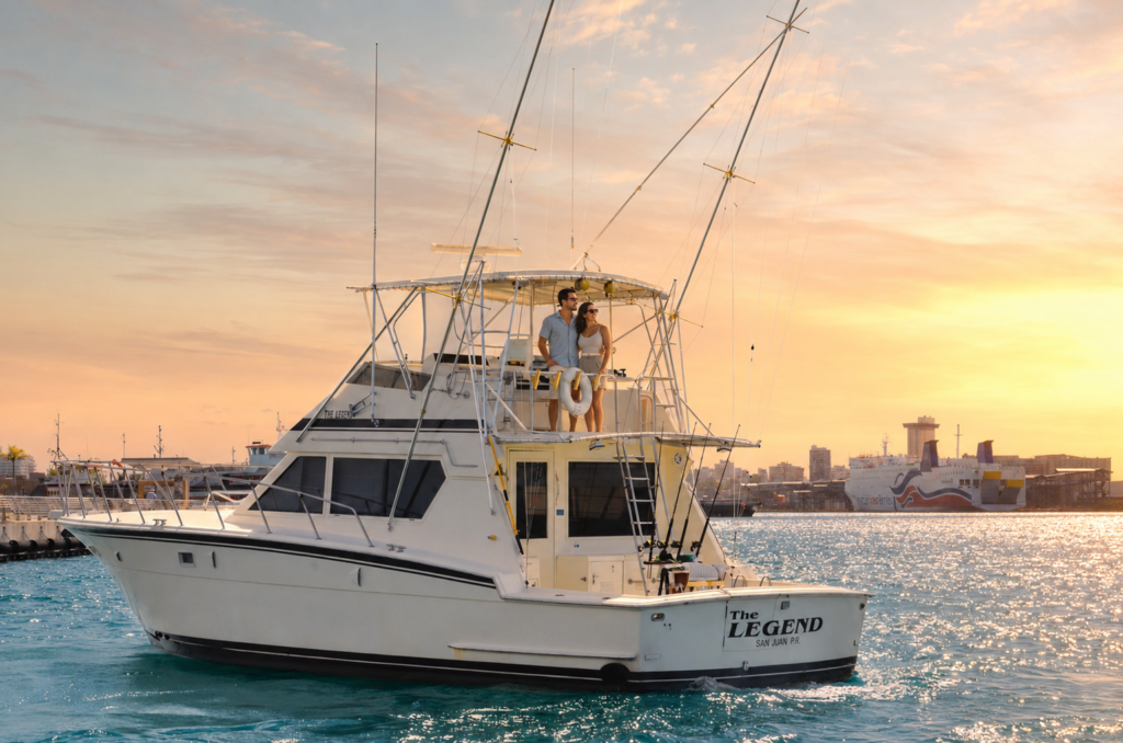 Evening sunset cruise from Condado, San Juan, Puerto Rico, with a couple aboard a fishing boat overlooking the waterfront.