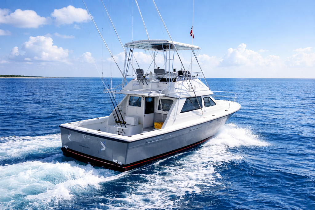 A white sport fishing charter boat cruising through deep blue ocean waters under a bright, partly cloudy sky.