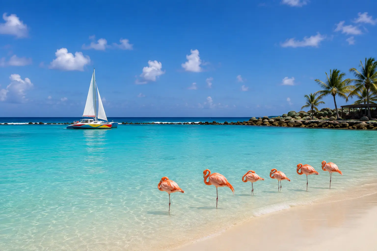 Best Things to Do in Aruba with flamingos and a catamaran on a tropical beach.