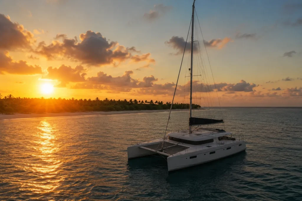 Catamaran to Saona Island sailing across deep blue Caribbean waters at sunset with a tropical palm-lined shoreline in the background.