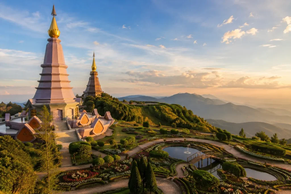 Golden hilltop temple overlooking the mountains at sunset, surrounded by landscaped gardens in Thailand.