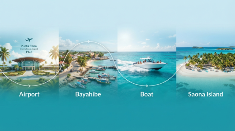Infographic showing the route to Saona Island from the airport via Bayahíbe and boat.