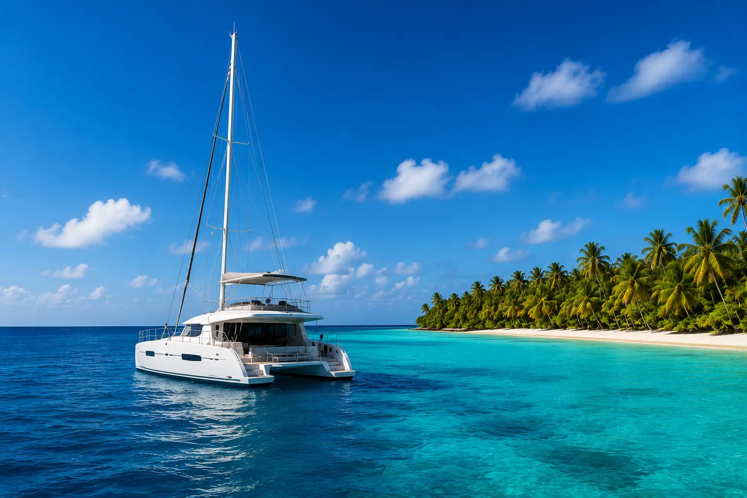 Private Saona Island Excursion: Luxury Day Trip Guide featuring a luxury white catamaran anchored in the crystal clear turquoise waters of Saona Island, surrounded by pristine tropical beaches, palm trees, and premium yachts under a bright blue Caribbean sky.