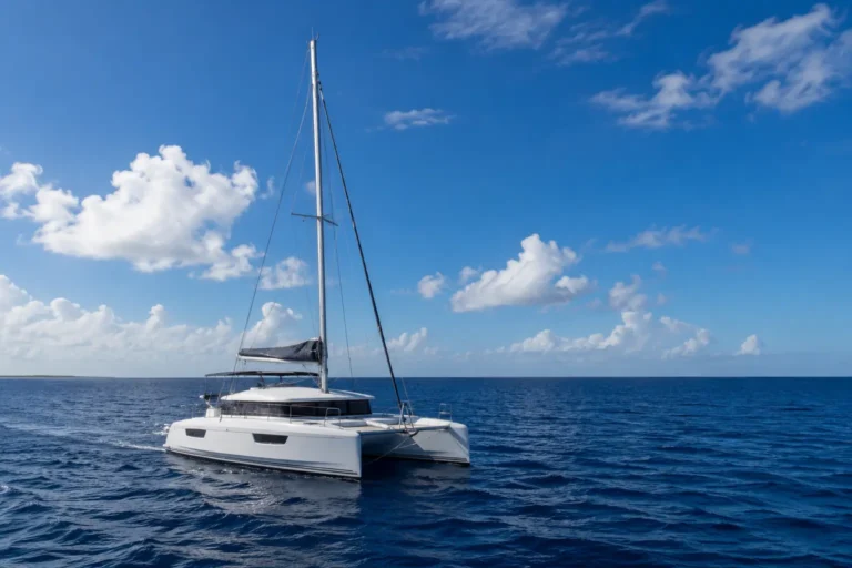Things to Know Cozumel Sailing Trip with a white catamaran sailing across deep blue Caribbean waters under a bright blue sky.