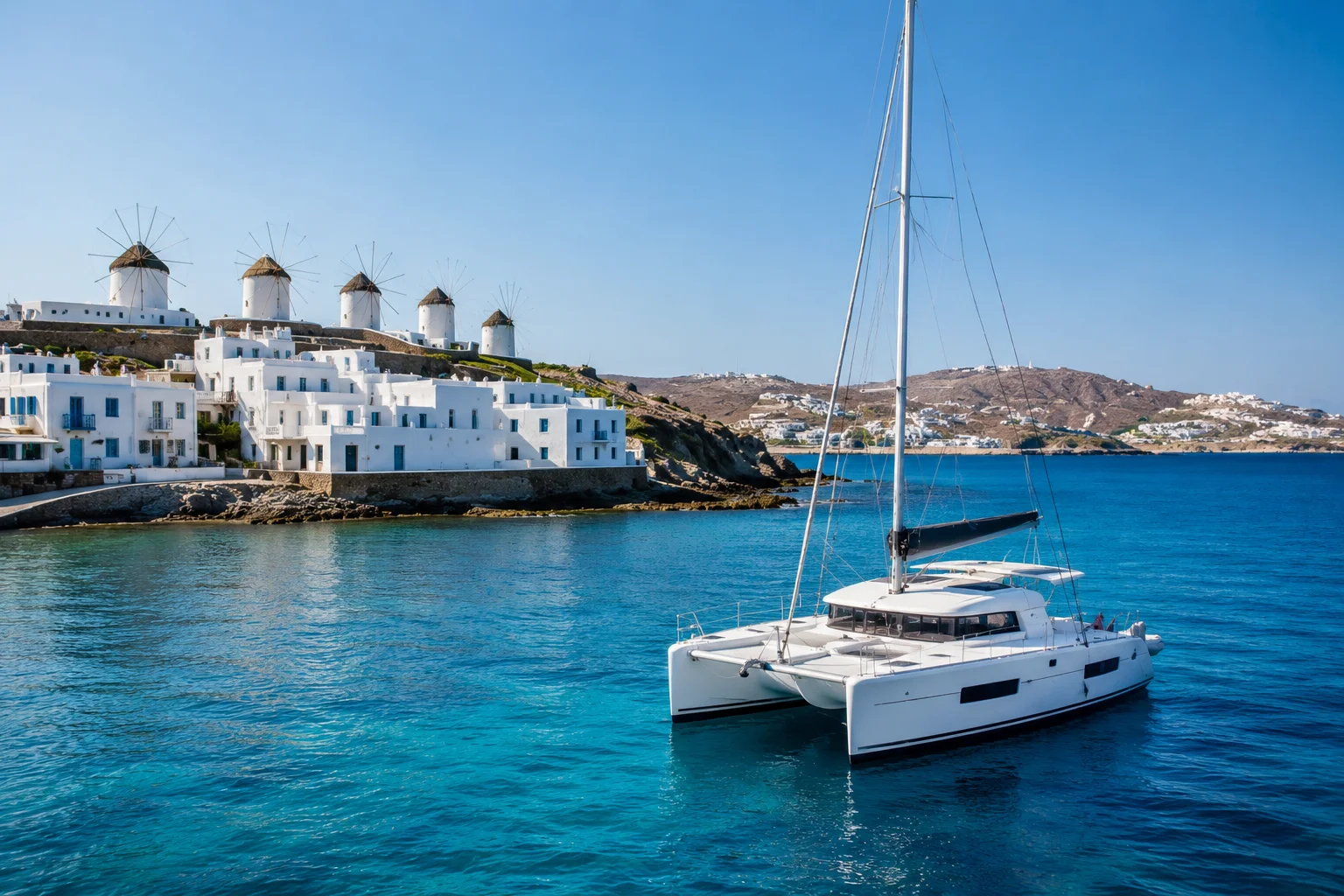 Things to do Mykonos featuring a white catamaran cruising on turquoise water near whitewashed buildings and iconic windmills.