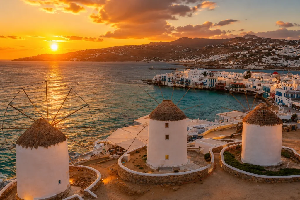 Sunset view of Mykonos with iconic white windmills overlooking the blue Aegean Sea, whitewashed coastal buildings, and surrounding hills.