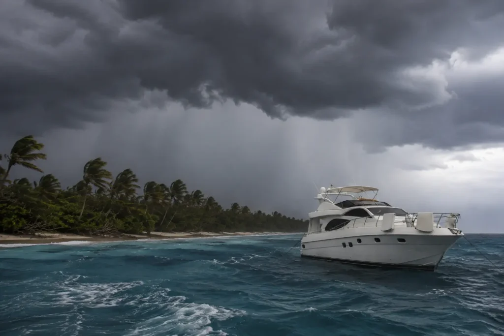 Luxury yacht anchored in rough turquoise waters during stormy weather, with heavy rain, strong winds, dark hurricane clouds, and windblown palm trees along a tropical coastline.