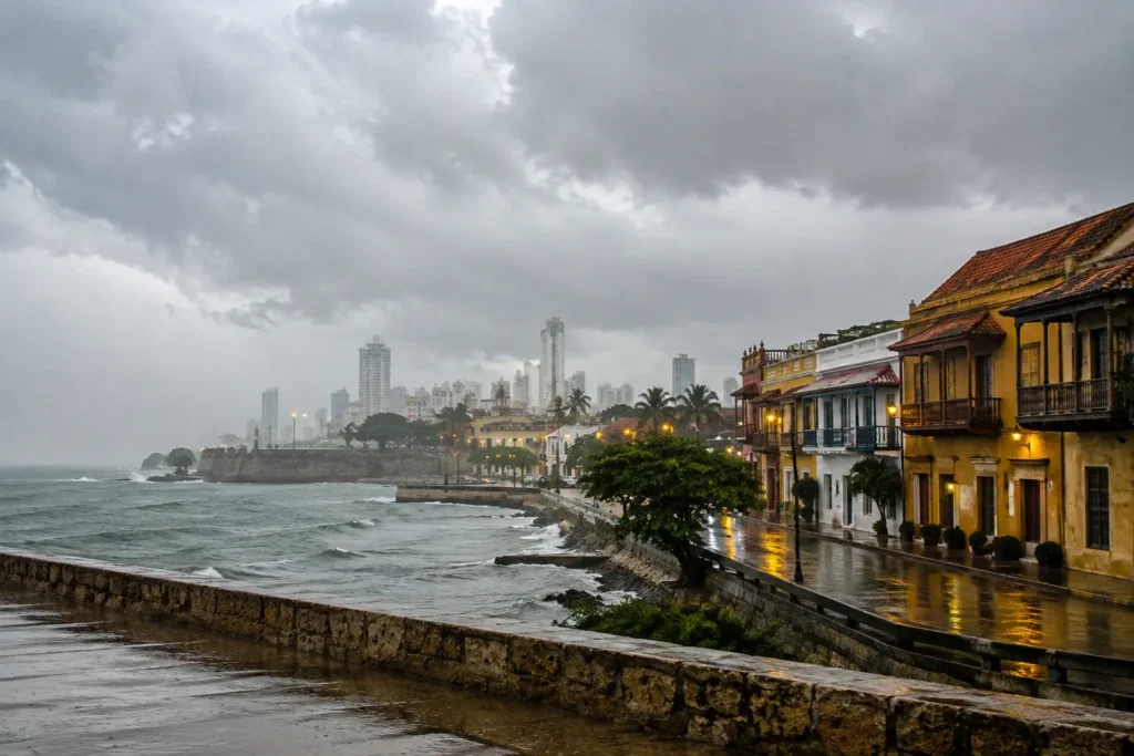 Rainy Coastal Cityscape with Historic Waterfront

