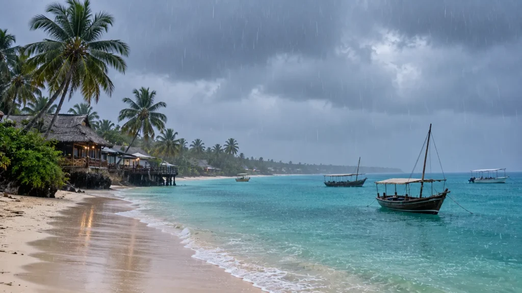 Rainy Tropical Beach with Boats

