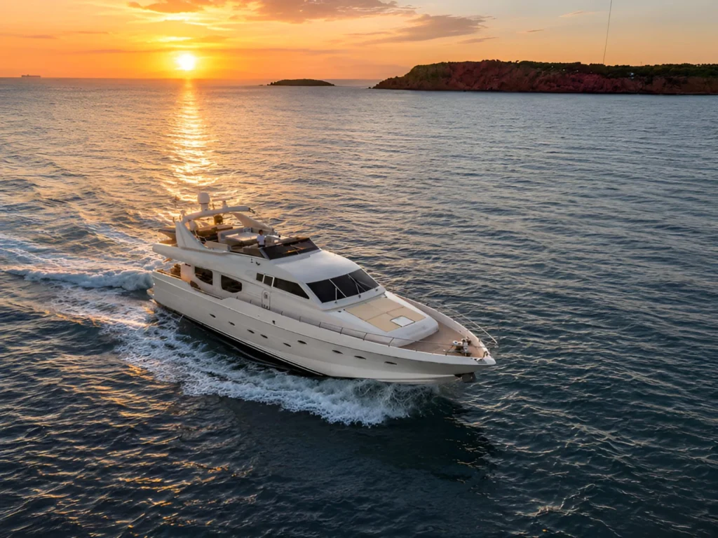 Luxury yacht cruising the Caribbean waters at sunset from Simpson Bay, St. Maarten