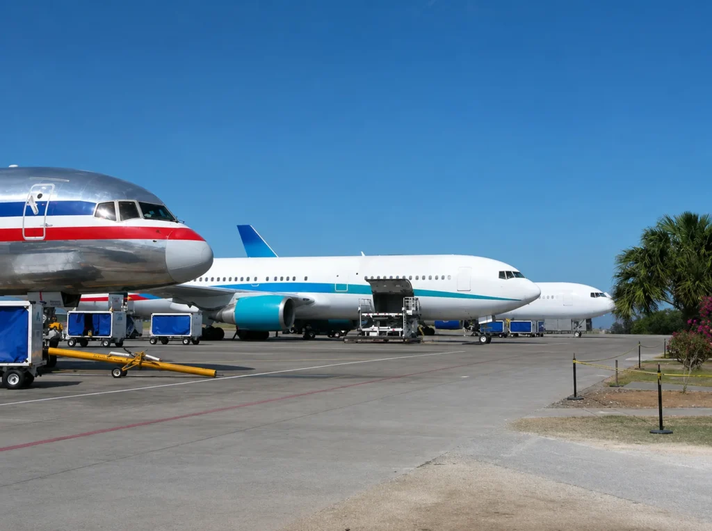 Airplanes parked on an airport apron with ground service equipment under a clear blue sky, with palm trees in the background.