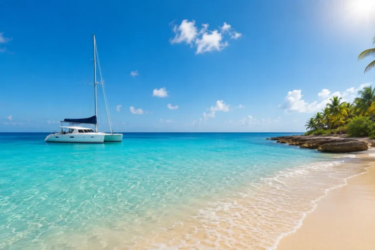 Paradise Beach Cozumel with a white catamaran on clear turquoise waters, sandy beach, palm trees, and bright sunshine.