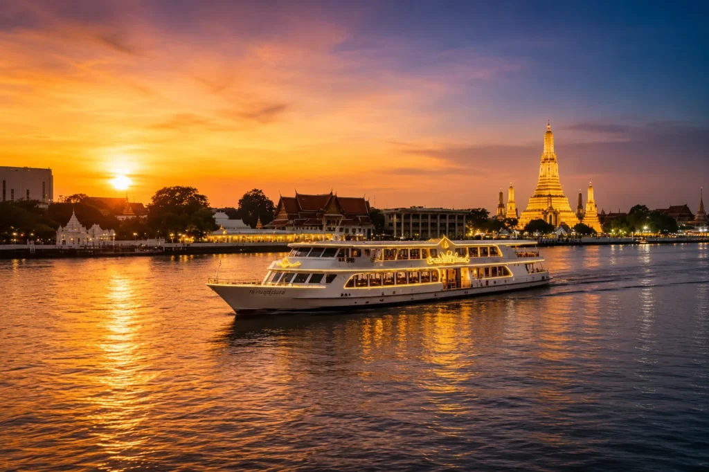 Bangkok sunset cruise on the Chao Phraya River with Wat Arun illuminated in the background.