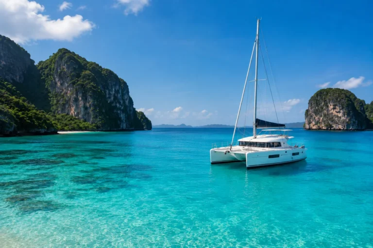 Things to Do in Thailand Phuket featuring a realistic white catamaran in turquoise waters surrounded by tropical limestone islands.