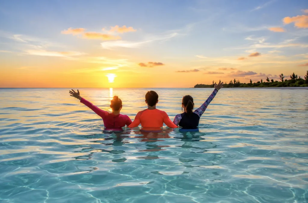 Three people enjoying a sunset swim in clear tropical waters, viewed from behind with a glowing sunset and distant shoreline