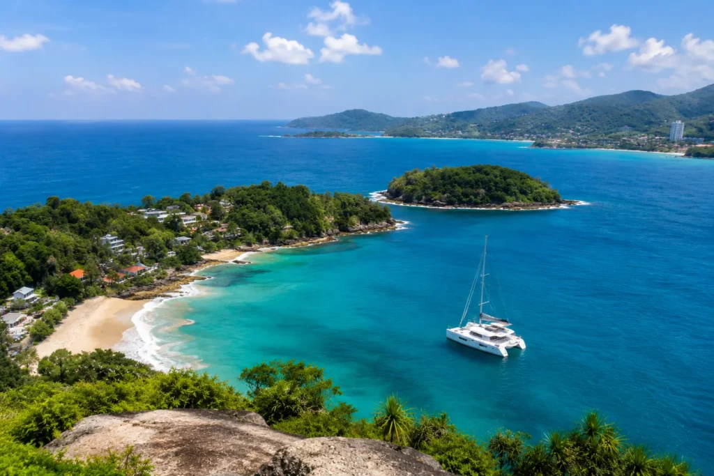Best Beaches and Viewpoints on Phuket Island with a white catamaran sailing across turquoise waters near a tropical coastline.