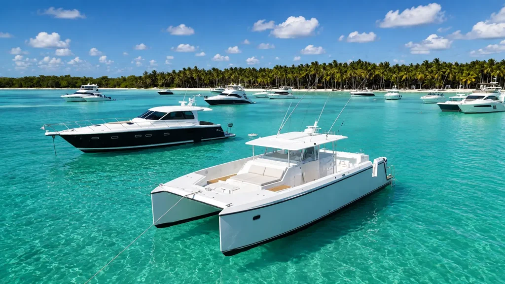 Private Saona Island Excursion: Luxury Day Trip Guide showing a luxury white catamaran anchored in the clear turquoise waters of Saona Island with pristine white sand beaches, swaying palm trees, and luxury yachts creating an exclusive Caribbean day trip setting.