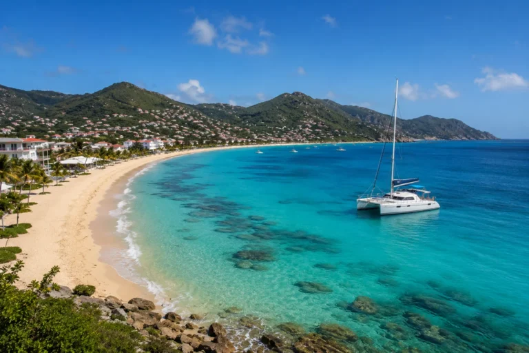 Things to Do in St. Maarten featuring a tropical beach, turquoise waters, and a sailing catamaran