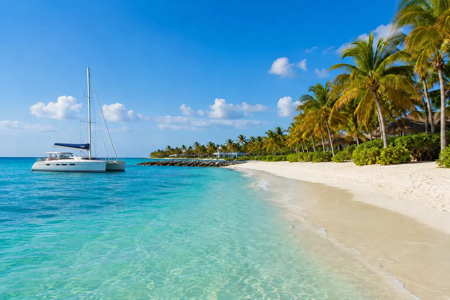 Cap Cana Weather December: Travel Tips and Best Activities featuring a tropical beach with crystal-clear turquoise water, white sand, swaying palm trees, and a luxury catamaran anchored offshore under a sunny blue sky.