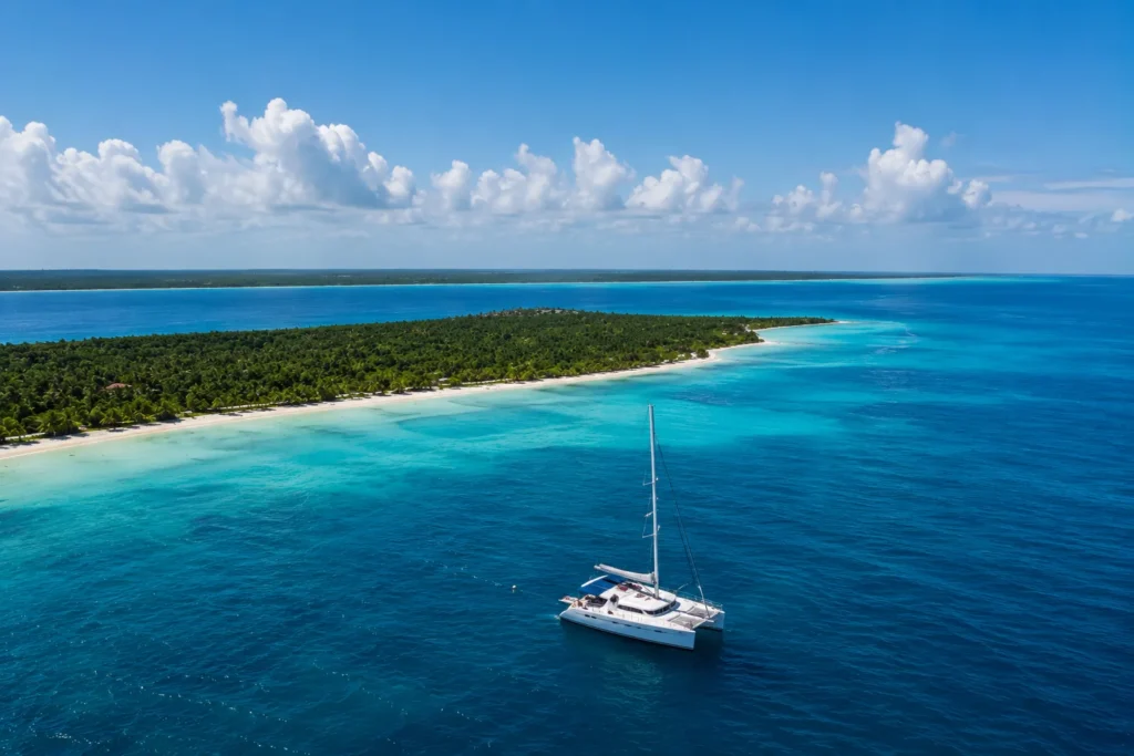 Aerial view of a white catamaran sailing in deep blue tropical waters near a lush palm-lined island and turquoise shoreline.