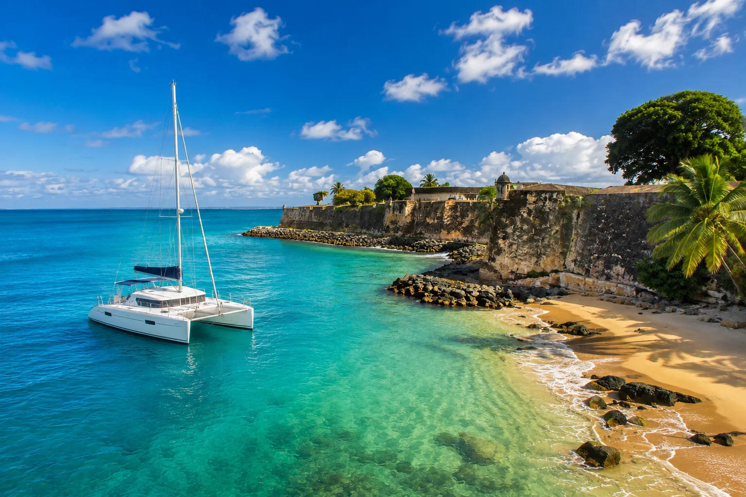Best Things to Do in Puerto Rico with a white catamaran on turquoise waters beside a historic coastal fort and tropical beach.
