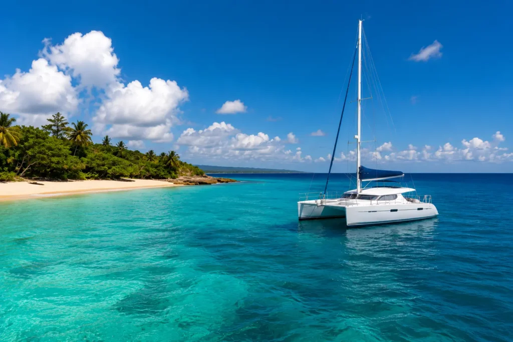 Realistic catamaran sailing in deep blue sea beside a tropical beach with clear turquoise water, palm trees, and bright sunshine.