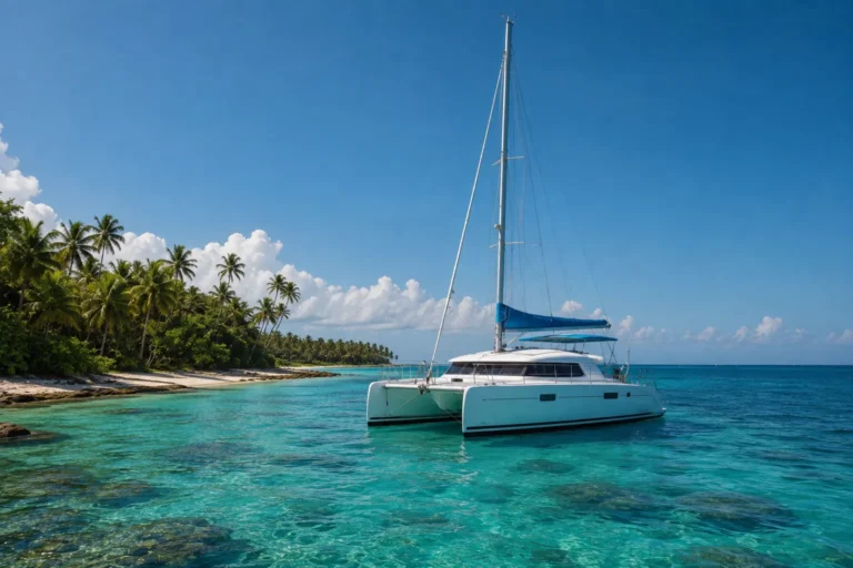 Saona Island Day Trip Punta Cana featuring a realistic catamaran in crystal-clear turquoise Caribbean waters near a tropical palm-lined island.