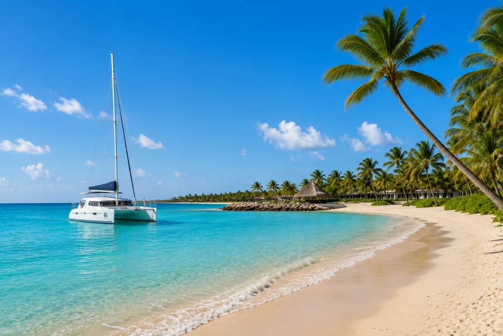 Tropical beach in Cap Cana with a realistic white catamaran sailing on clear turquoise water near a palm-lined resort coastline.