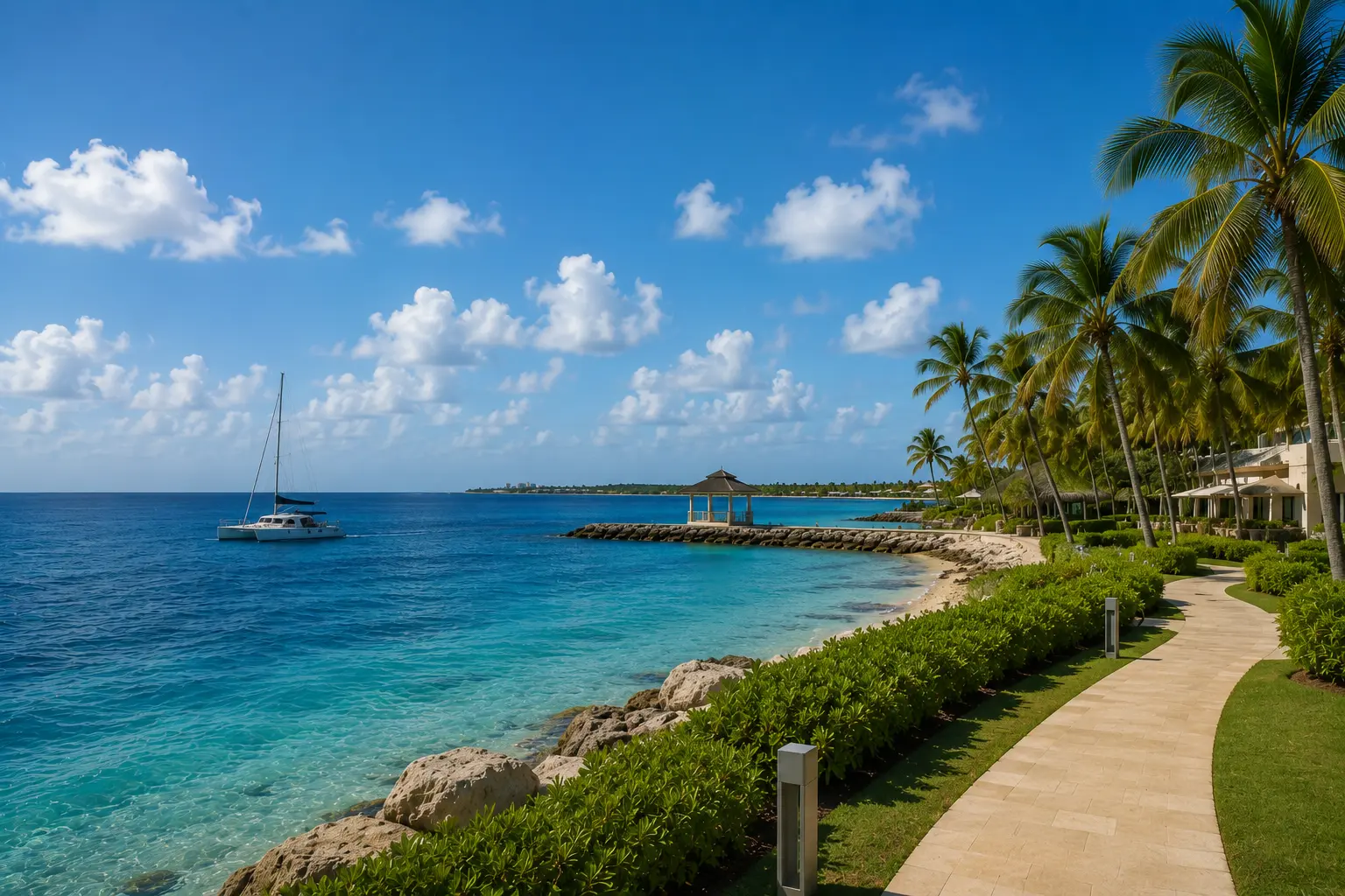 Cap Cana Weather in February with a sunny tropical beach, turquoise Caribbean water, palm trees, resort walkway, and a catamaran sailing in deep sea water.