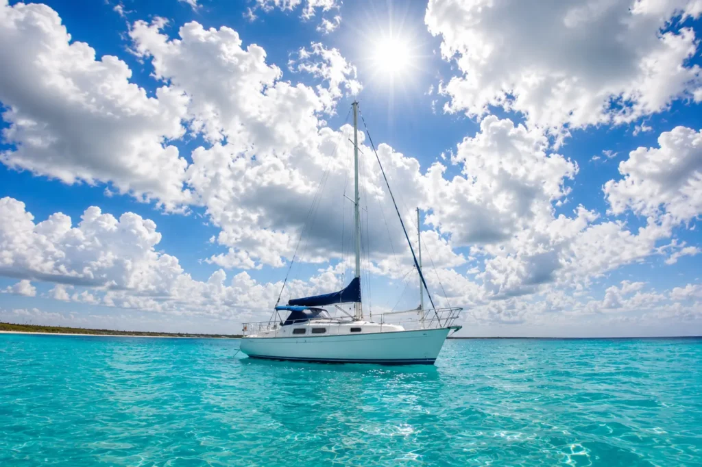 White sailboat on turquoise tropical water under a bright blue sky with large white clouds.