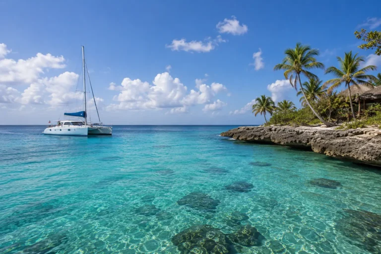 Cozumel Weather Guide with a realistic catamaran on turquoise Caribbean waters and a tropical palm-lined coast.
