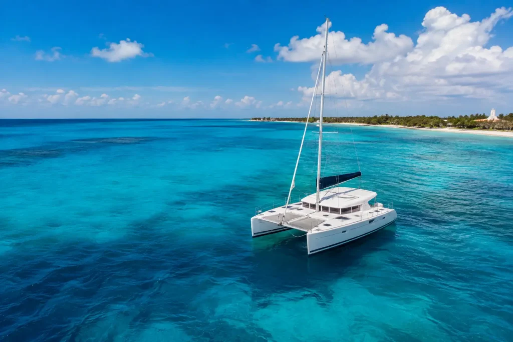 Private Cozumel catamaran charter cruise sailing in deep blue Caribbean waters near the tropical coast of Cozumel.