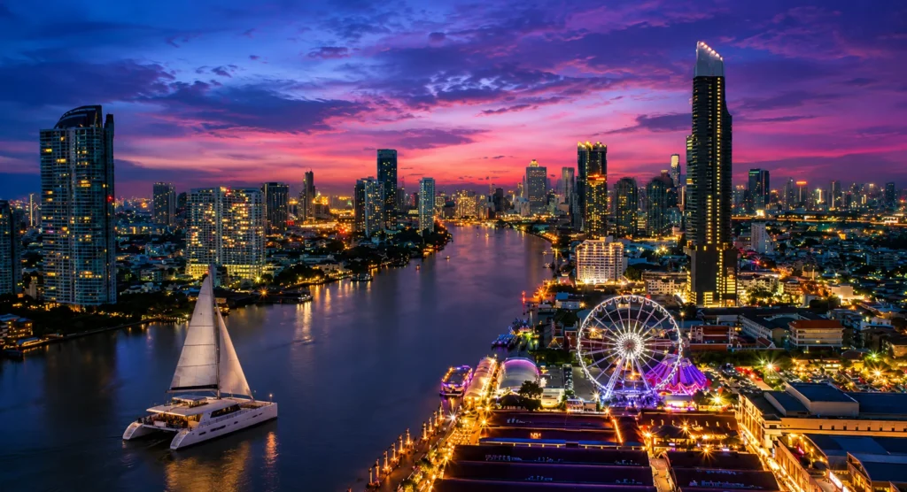 Twilight Bangkok skyline with a sailboat on the Chao Phraya River and a brightly lit Ferris wheel along the waterfront.